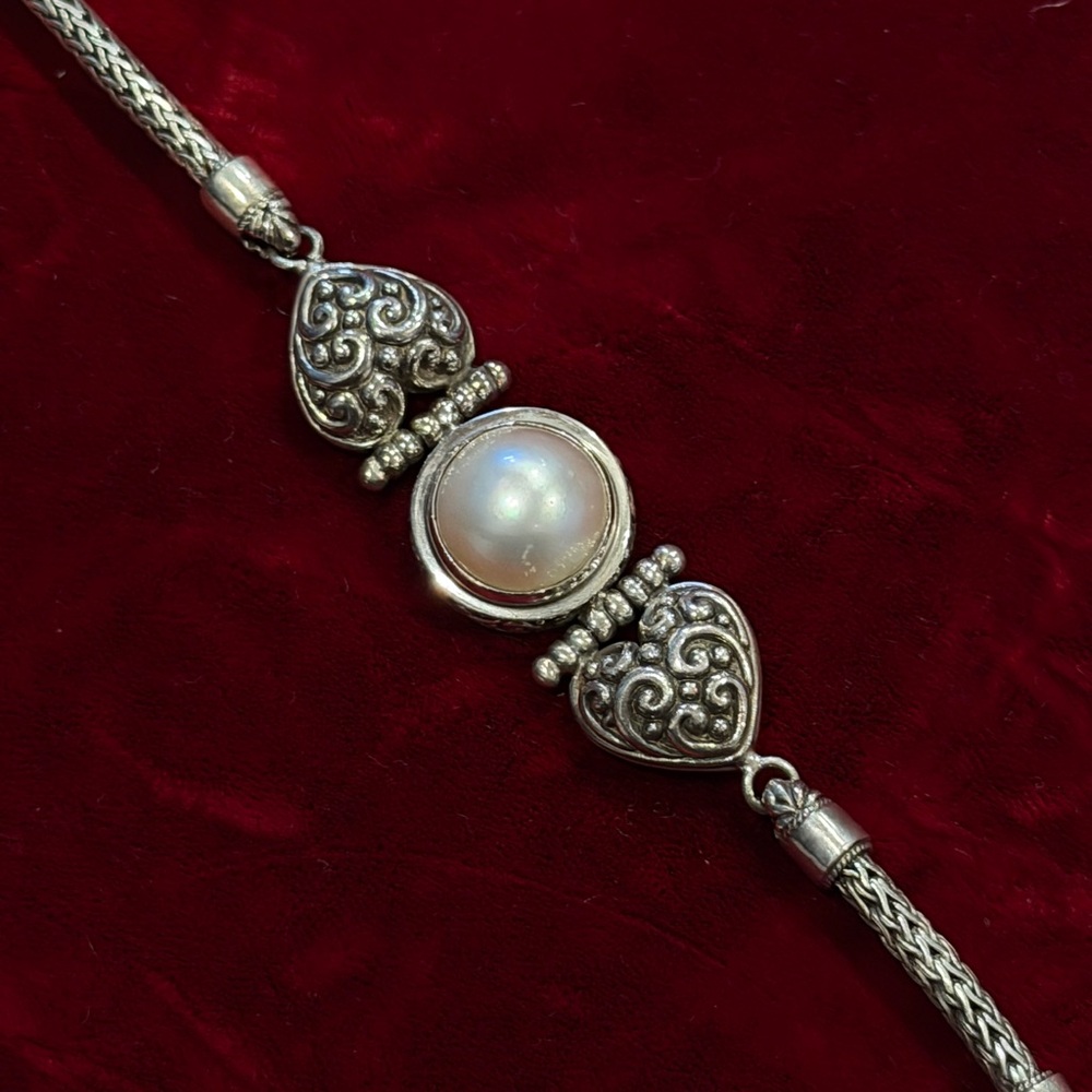 Elegant Sterling Silver Hearts and White Pearl Bracelet ; adjustable size